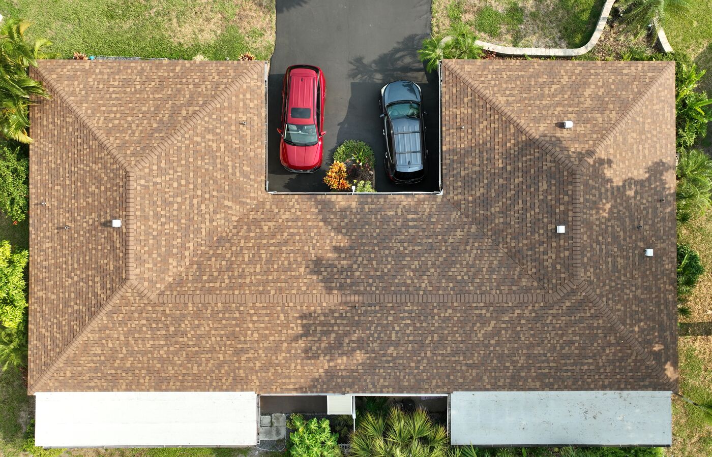 Architectural asphalt shingle roof, aerial view