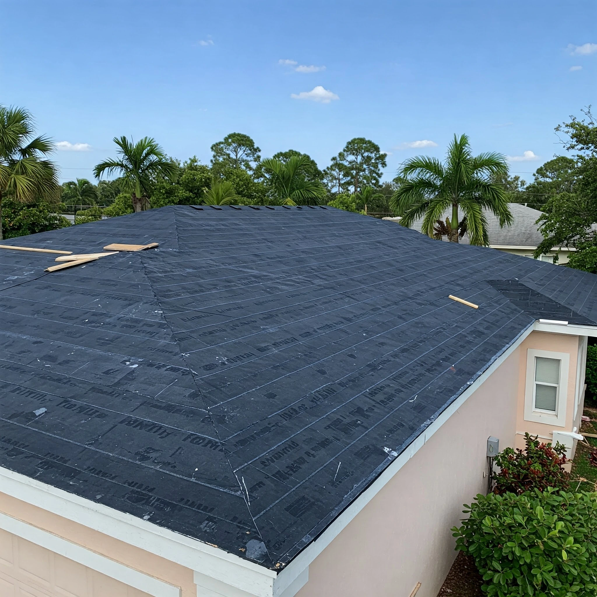 Newly installed black asphalt shingles on a residential roof in Delray Beach, showcasing modern roofing materials and structural integrity amidst tropical landscaping.